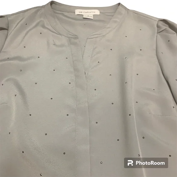 Liz Claiborne Silver Long Sleeve Dressy Rhinestone Button Up Blouse Ladies Sz S - Picture 4 of 10
